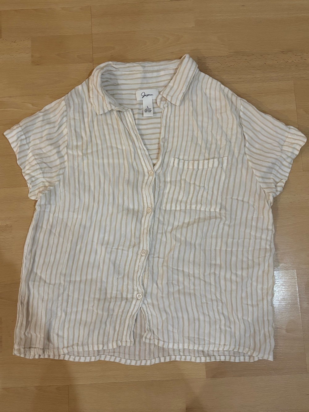 Cream and Tan Striped Short-Sleeve Button-Up Shirt
